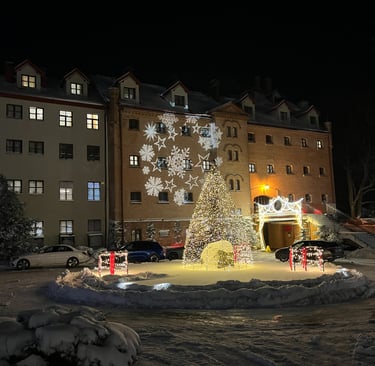 Arriving at Ryn castle in winter