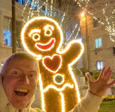 Silly selfie with waving ginger bread man in San Marino at Christmas and New Year