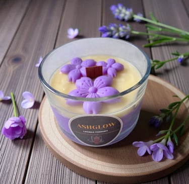 ASHGLOW lavender soy wax candle in glass jar with wooden wick on wooden tray – luxury aromatherapy home décor candle