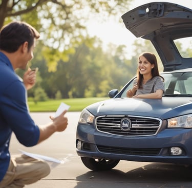 A small red car is parked on a brick-paved area near a road. The car has a license plate reading '302-6413' and black, five-spoke wheels. In the background, there is a service station with signs for 'xpress lube' and 'Havoline', along with trees and vegetation visible in the vicinity.