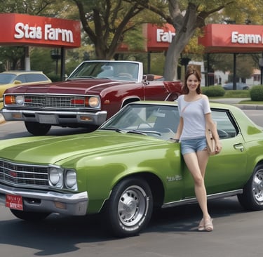A car is parked inside a dimly lit garage, covered by a protective white cover with a logo on it. The garage structure features wooden walls and a corrugated metal roof, with fluorescent lighting overhead casting a soft glow.