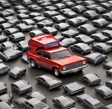 A red BMW car is parked near a roadside with a 'Dollar' shop sign in the background. The shop sign shows colorful decorative pots stacked on shelves. The pavement is visible below the car.