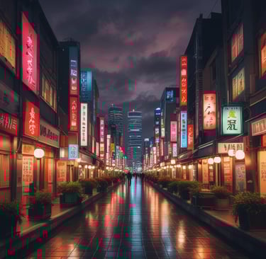 An inviting street view of a small Japanese eatery adorned with bright paper lanterns and an array of signs in Japanese script. The entrance is warmly lit with a mix of red and white lights, and there is a prominent Daruma doll decoration. Menus and promotional posters flank the doorway while a tree with autumn leaves stands nearby.