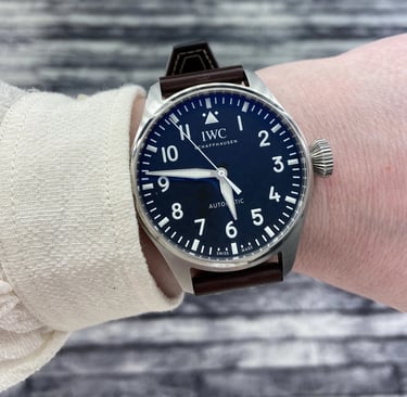 Customer wrist shot of IWC Big Pilot’s Watch with black dial and brown leather strap