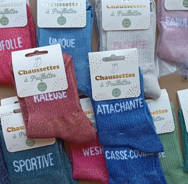 Chaussettes paillettes : "merveilleuse", "fofolle", "unique", "parfaite", "fabuleuse", "wesh"...