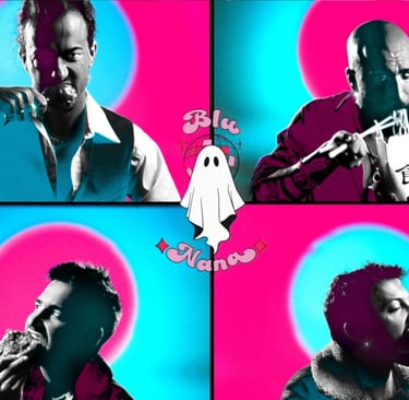 a man in a white shirt and a ghost ghost in a pink and blue background