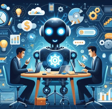 a robot - like robot sitting at a table with a man in a suit