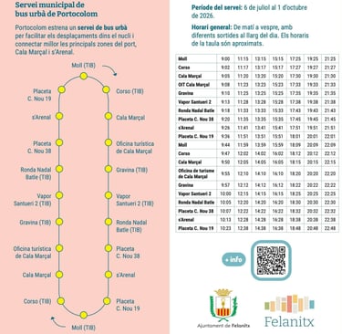 Map and timetable for the Portocolom municipal bus service including stops at Cala Marçal and s'Arenal.