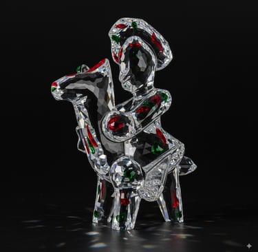 SIURELL of a glass sculpture of a woman sitting on a chair
