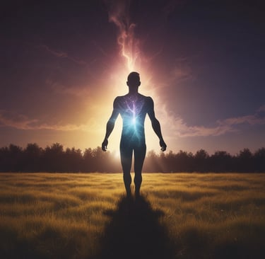 a man standing in a field with a glowing light shining in the sun