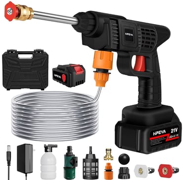 A portable 21V cordless pressure washer kit with battery, hose, nozzle tips, and carrying case for car cleaning.