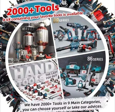 A variety of cordless power tools and hand tool sets from the 89 and 86 series including drills, saws, and grinders.