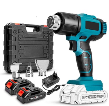 A cordless 21V heat gun kit with rechargeable batteries, charger, nozzles, and a black carrying case.