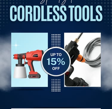 Specialized cordless tools sale featuring a red power paint sprayer and portable pressure washer hose.
