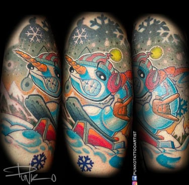 tatuaje muneco de nieve snowboard newschool color Barcelona punkotattooartist