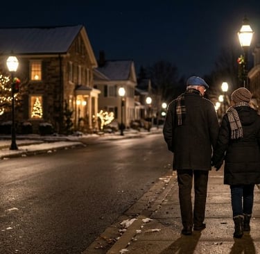 Pareja de abuelos caminando de noche en Navidad, seguimiento en investigación privada de menores