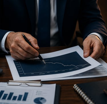 Ejecutivo revisando gráfico de pérdidas, investigación empresarial, Ineva Detectives