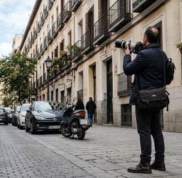 Detective privado en la calle con cámara de largo alcance frente a un edificio residencial .