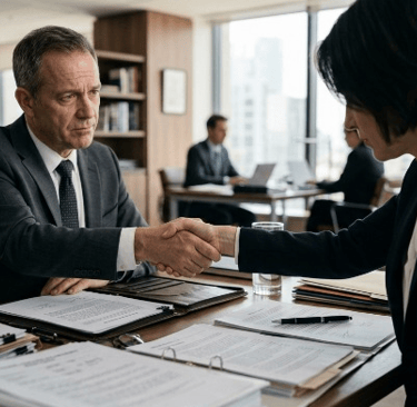 Dos personas cerrando un acuerdo empresarial con documentación sobre la mesa