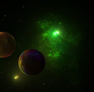 A fractal flame image resembling planets in space.