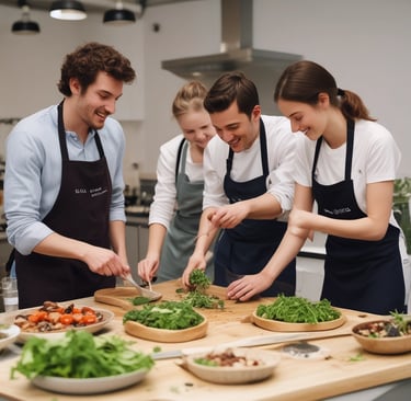 Two people are engaged in cooking street food outdoors. One person skillfully manages a pan on a makeshift stove, preparing small, round dough pieces. The other person, seated, holds a tray lined with paper and freshly cooked items. Various kitchen supplies and condiments, including bottles and bowls, are around them. The setting suggests an informal, communal cooking space.