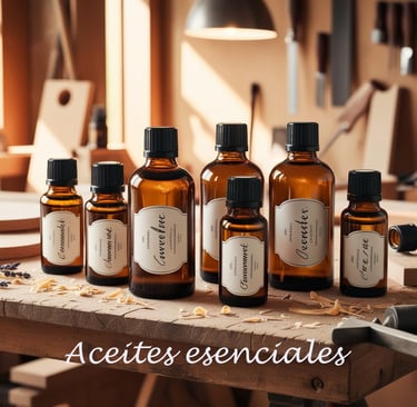 Botellines de aceites esenciales sobre una mesa de madera