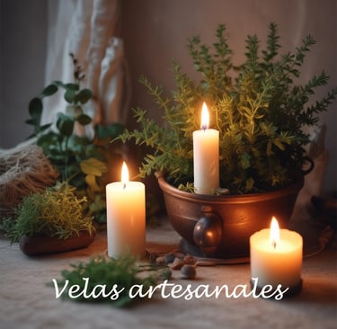 Velas blancas encendidas con plantas alrededor