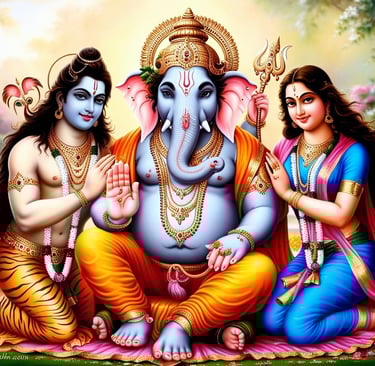 La imagen muestra a Ganesha, Shiva y Parvati, sus padres, sentados juntos y sonrientes