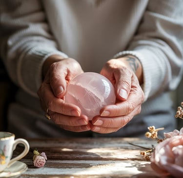 Laimagen son dos manos sosteniendo una esfera de cuarzo rosa