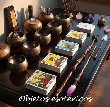 Objetos esotéricos como cartas de tarot, cuencos tibetanos