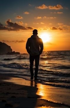Homme regardant coucher de soleil face à la mer