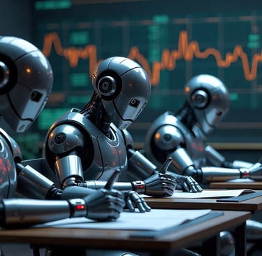 a group of robots are sitting at an exam