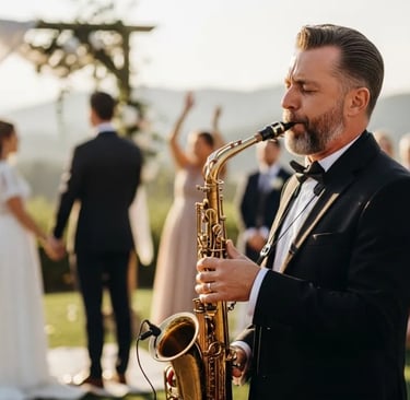 Saxophoniste en costume jouant pour un mariage avec les mariés en arrière plan