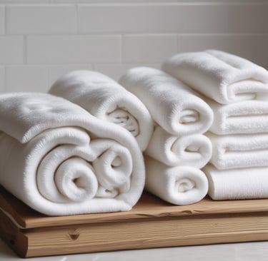 A minimalist composition featuring eco-friendly cleaning products arranged on a textured beige fabric. There's a bottle with a pump dispenser, a small packet, and two paper bags with lavender and mint green labels. The background is softly lit, creating a calm atmosphere.