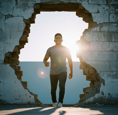 A man walking through a hole in a brick wall, breaking through his personal barriers.