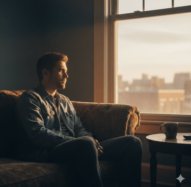 A thoughtful man sits on a sofa by a window, looking out at the city skyline during a golden hour sunset.