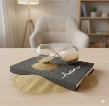 Broken hourglass leaking gold sand onto a black book titled Dreams on a wooden desk.