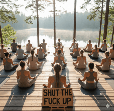 A group yoga class meditates on a wooden deck by a misty lake with a sign that says shut the fuck up.