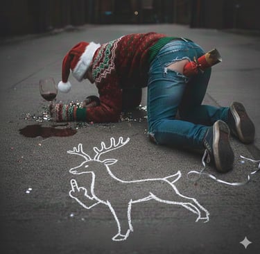 Funny Christmas scene of a person in a Santa hat and ugly sweater beside a chalk reindeer drawing.