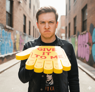 An angry man in an urban alley holds a yellow foam hand with Give It To Me text.