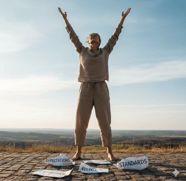 A woman celebrating freedom from societal expectations and rules in a peaceful outdoor setting.