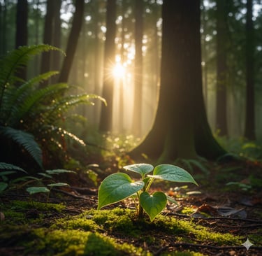 Golden morning sunlight filtering through tall trees onto a small green sprout in a misty forest.