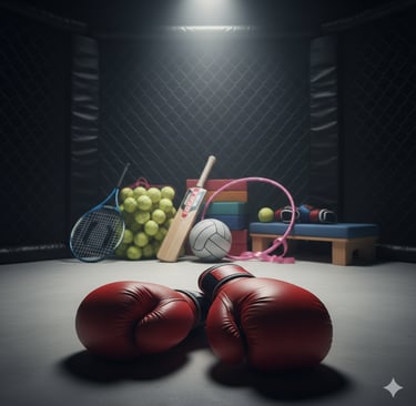 Red boxing gloves in a gym cage with sports equipment like tennis rackets and balls.