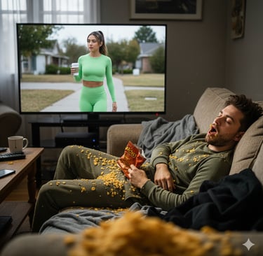 A man sleeping on a sofa covered in snacks while a fitness workout video plays on the TV.