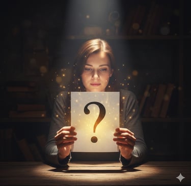 A woman holding a glowing question mark sign in a dark library, symbolizing mystery and curiosity.
