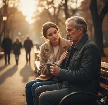 Young woman comforting an elderly man on a park bench with a warm beverage in autumn sunlight.