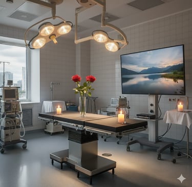 a hospital room with a large screen tv and candles