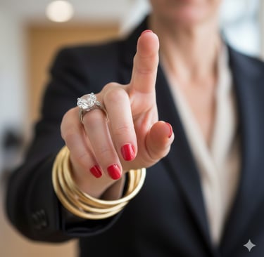 Professional woman with red nails wearing a luxury diamond engagement ring and gold bangles.