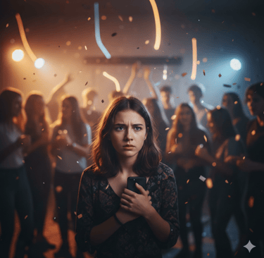 Anxious young woman holding a phone at a crowded party with social anxiety symptoms.