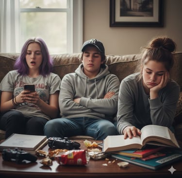 Three bored teenagers sitting on a couch with a phone, video games, and textbooks.